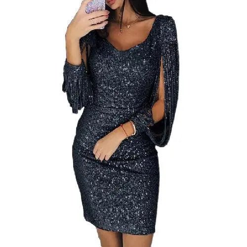Women's silver sequin bodycon mini dress V-neck draped sleeves glamorous party style