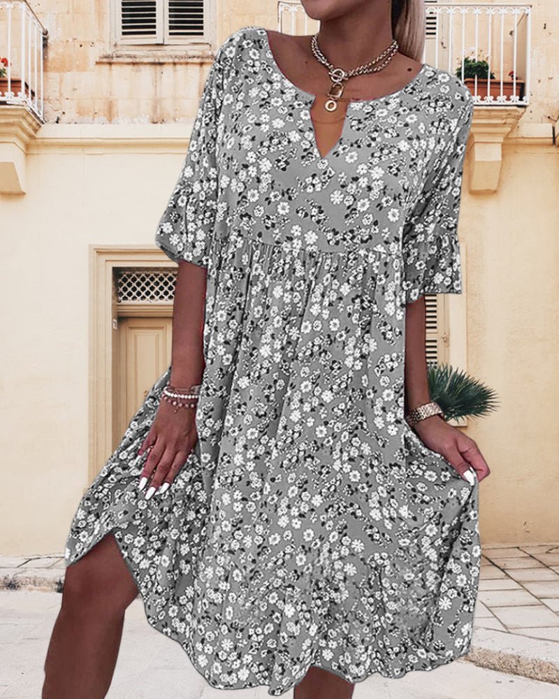 Women's light breathable floral print knee-length dress with V-neck and ruffle sleeves loose fit