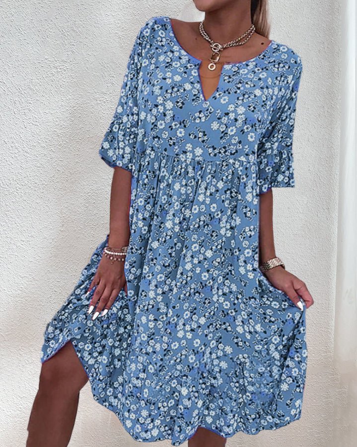 Women's floral print knee-length dress light breathable V-neck ruffle sleeves loose relaxed fit