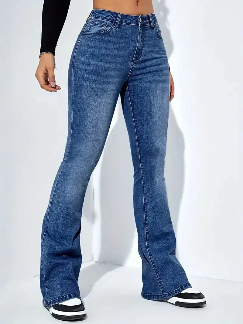 Women's high-waist flared jeans in classic blue denim with comfortable cotton blend everyday style