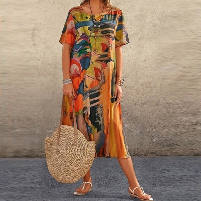 Women's loose fit casual summer slip-on dress lightweight short sleeve breathable cotton everyday style