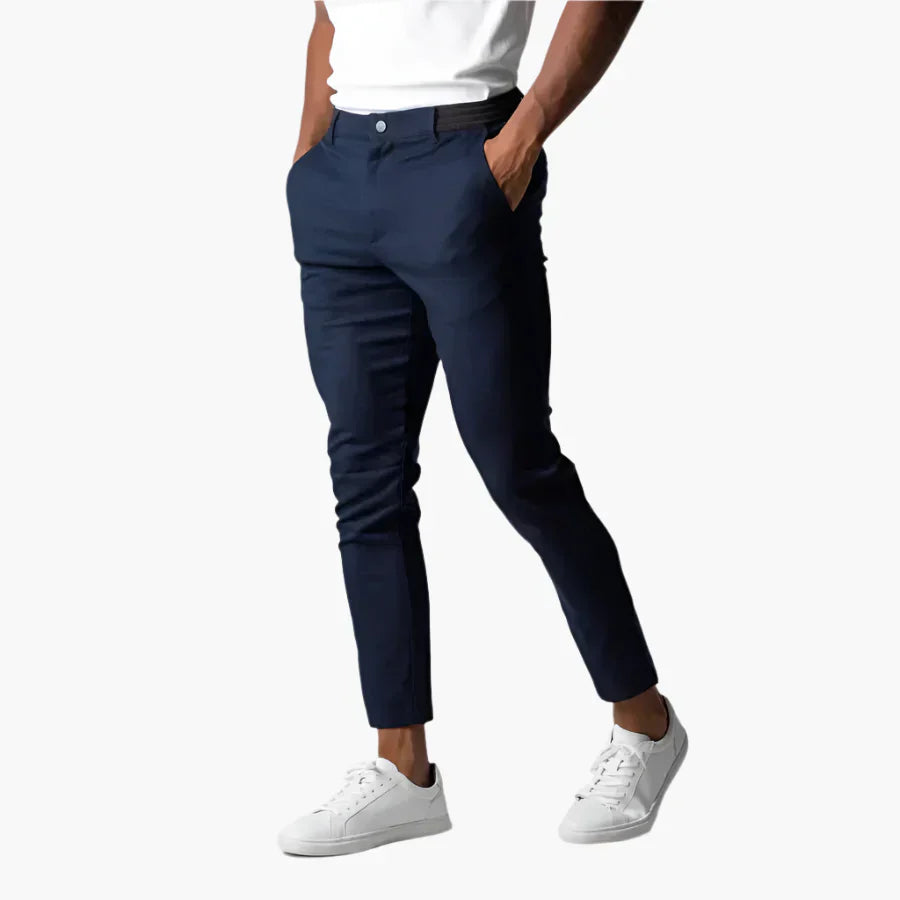 Men's slim fit chino pants in versatile neutral tone with stretch fabric for office and everyday wear