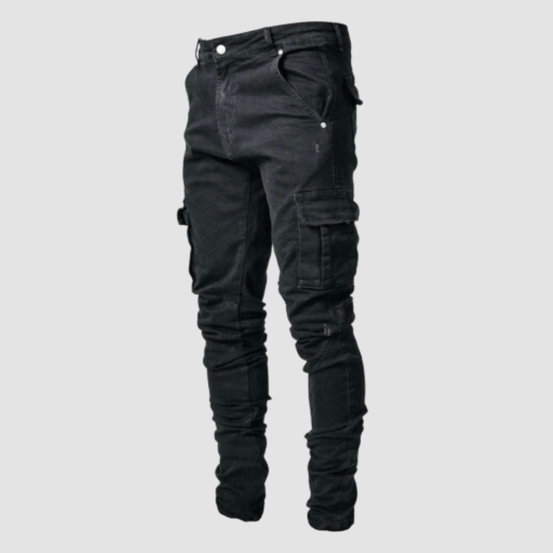 Men's slim fit cargo pants in neutral tone with multiple utility pockets for everyday adventure