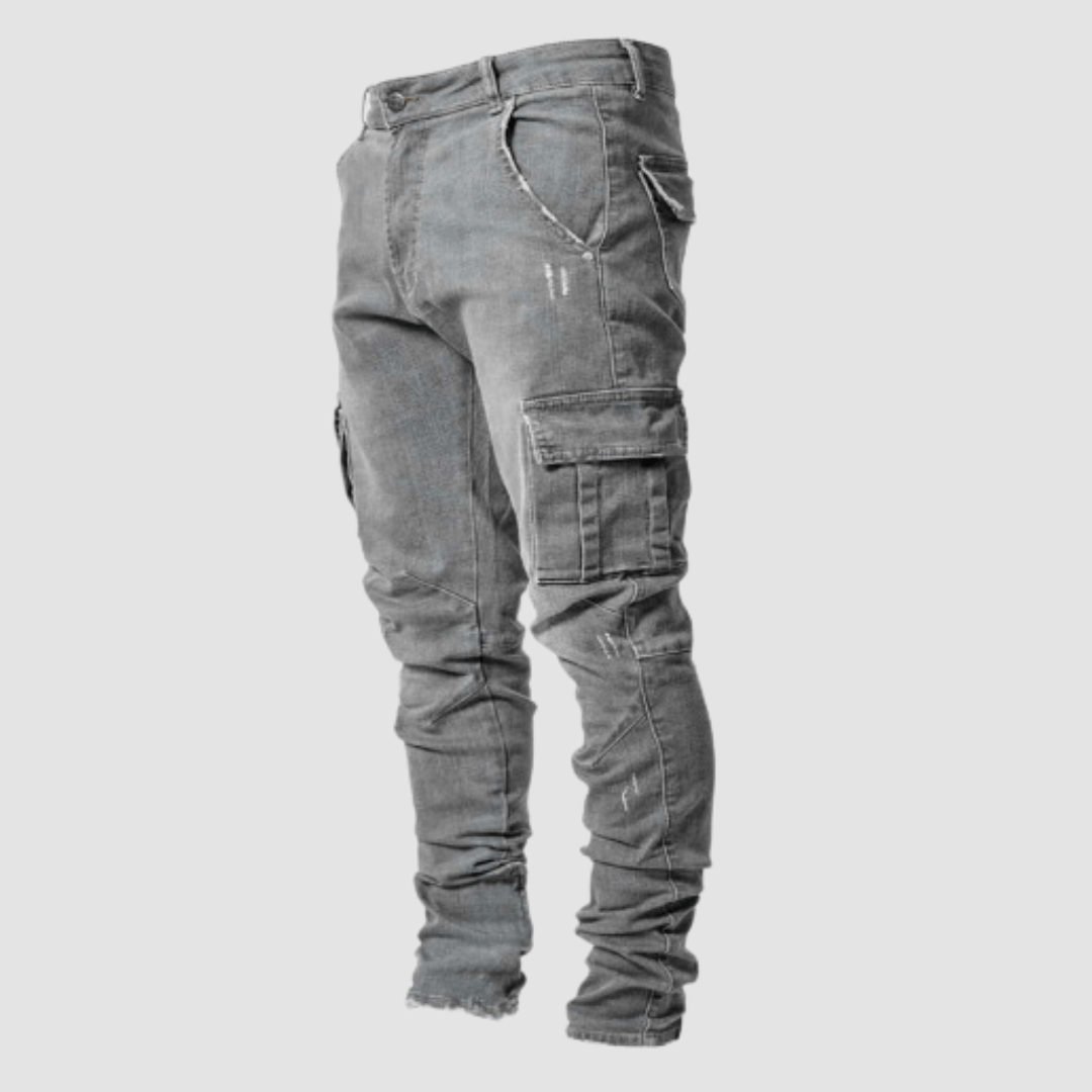 Men's slim fit cargo pants in neutral tone with multiple utility pockets for everyday adventure