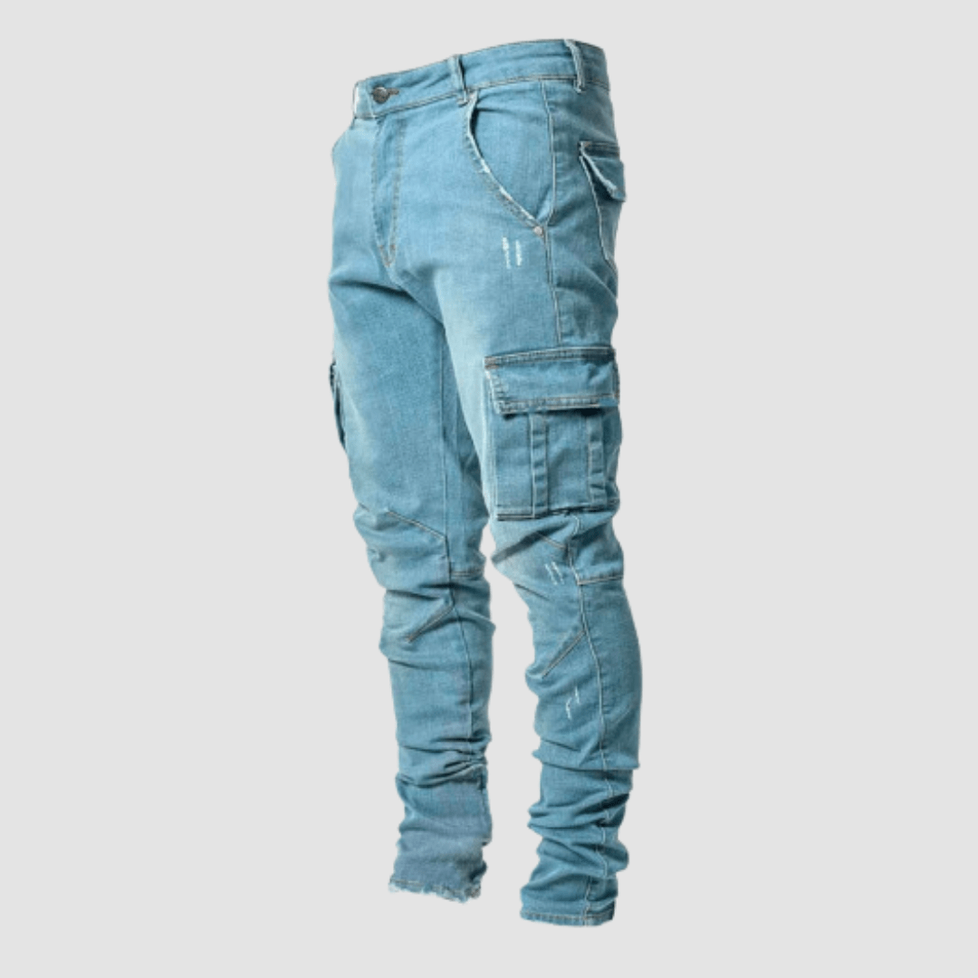 Men's slim fit cargo pants in neutral tone with multiple utility pockets for everyday adventure wear