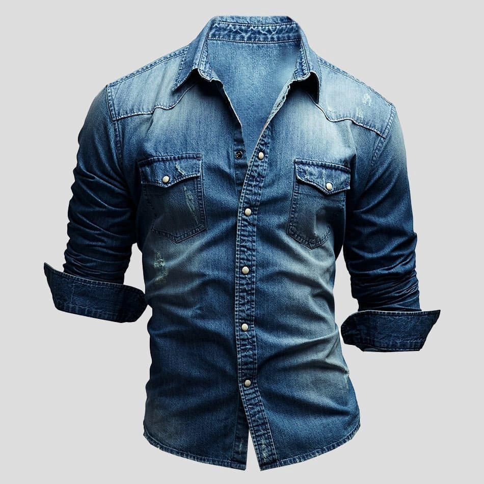 Men's classic blue denim shirt relaxed fit with button-front closure and timeless everyday style