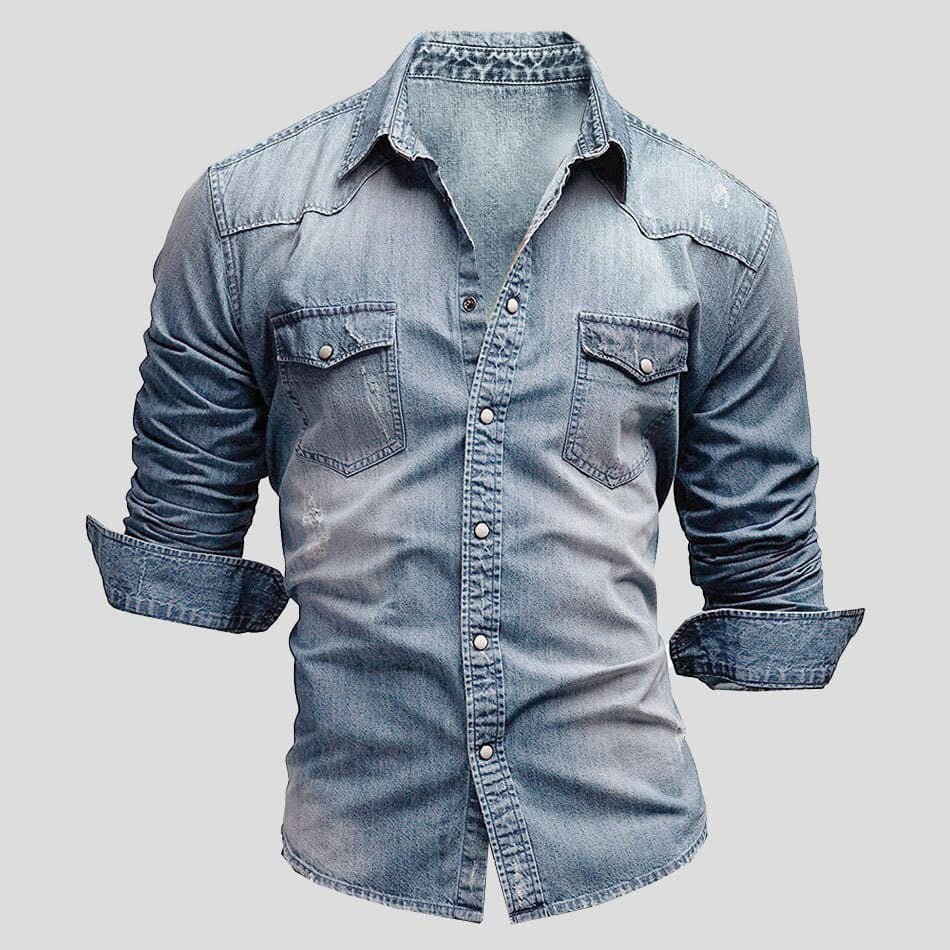 Men's classic blue denim shirt relaxed fit with button-front closure and chest pockets