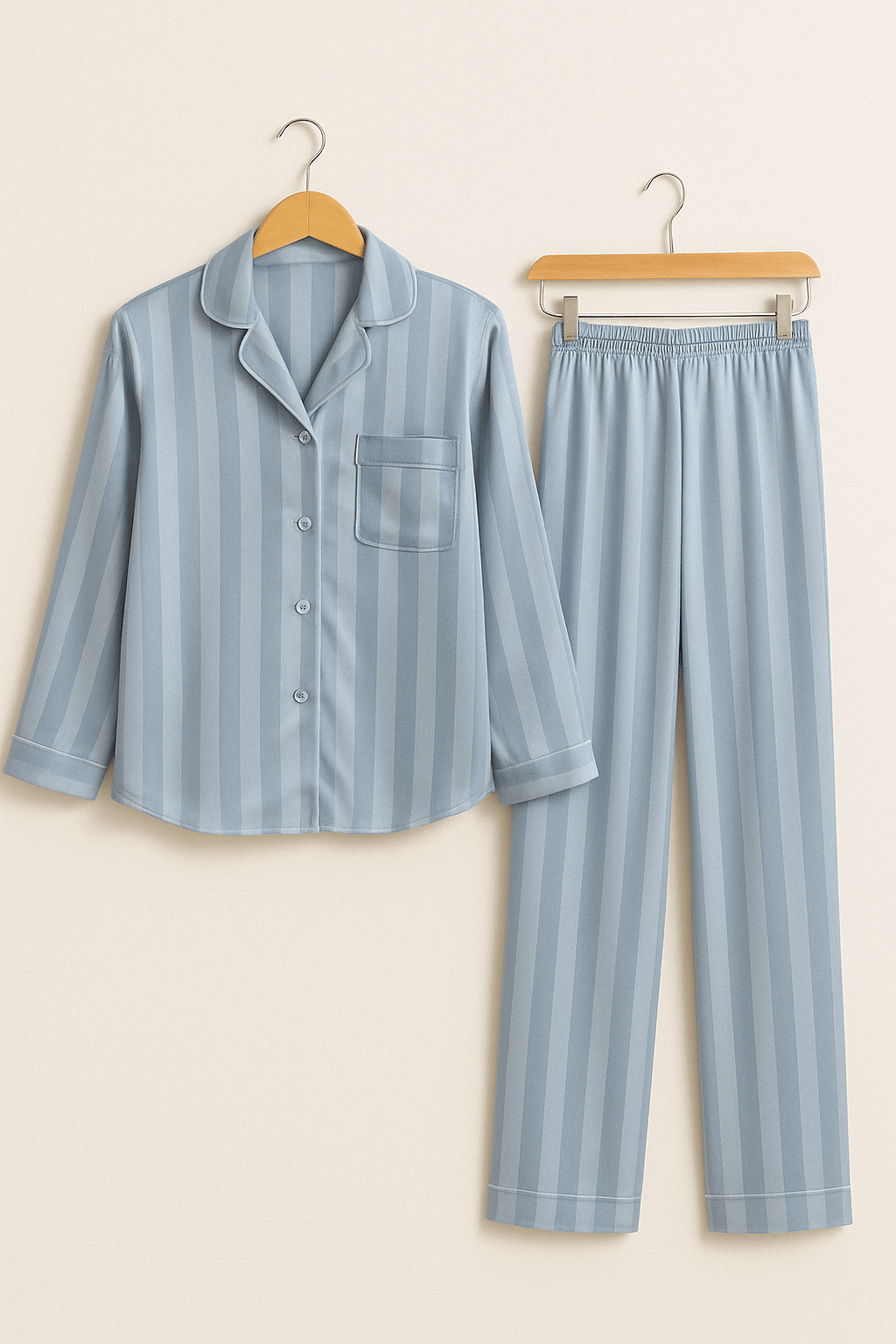 Women's two-piece striped pajama set long sleeve button-up top with relaxed fit matching pants
