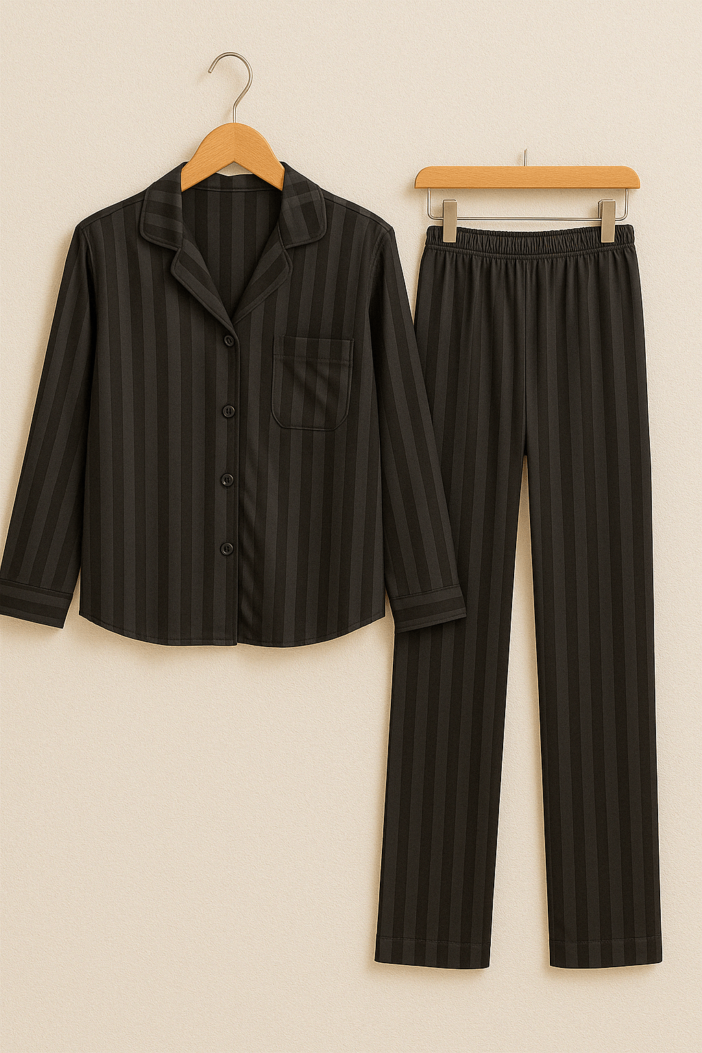 Women's striped two-piece pajama set long sleeve button-up top with relaxed fit matching pants