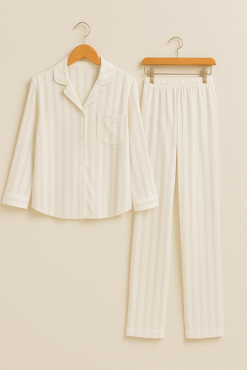 Women's striped two-piece pajama set long sleeve top with button closure and relaxed fit pants