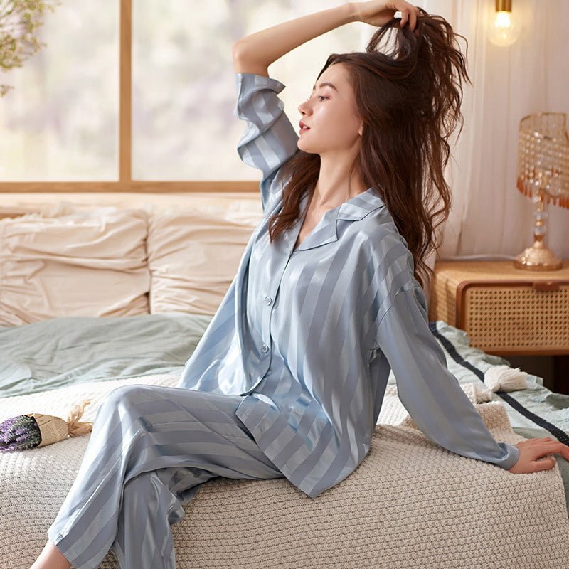 Women's striped pajama set relaxed fit lightweight breathable polyester nightwear two-piece lounge