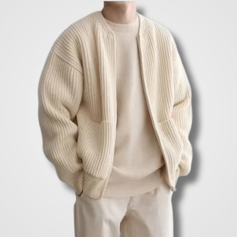 Men's ribbed zip-up cardigan in cozy knit with front pockets, perfect for casual layering