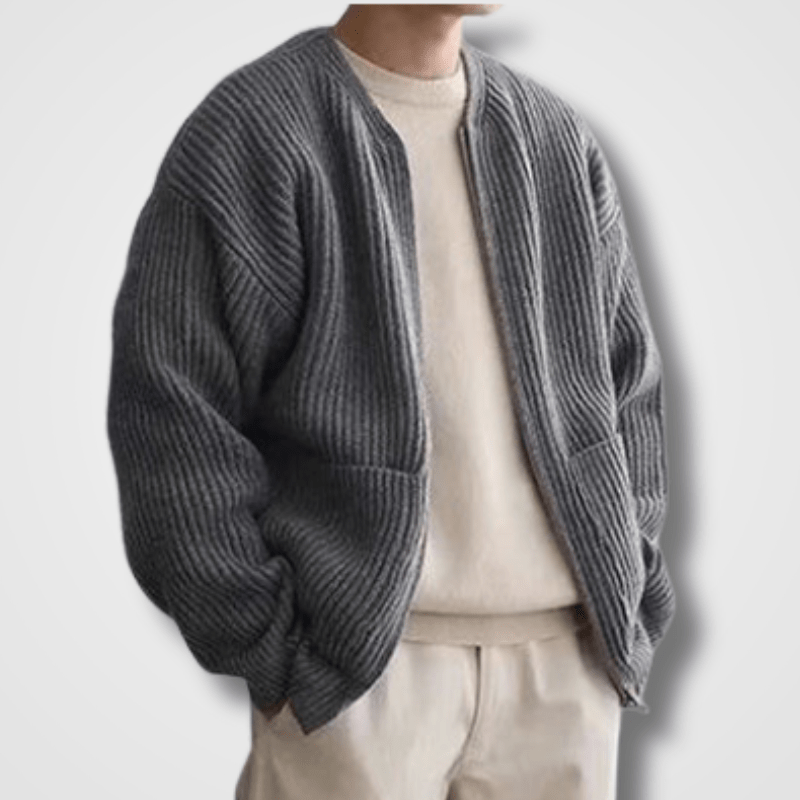 Men's zip-up ribbed cardigan in neutral knit, relaxed fit with front pockets for easy layering