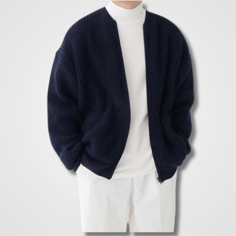 Men's ribbed zip-up cardigan in neutral knit, relaxed fit with front pockets for easy layering