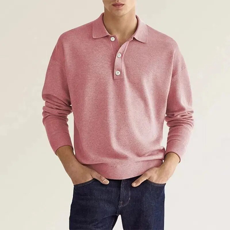 Men's minimalist long sleeve polo shirt with three-button placket in classic casual fit