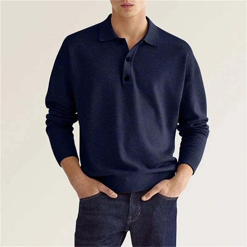 Men's white minimalist long-sleeve polo shirt with classic collar and three-button placket