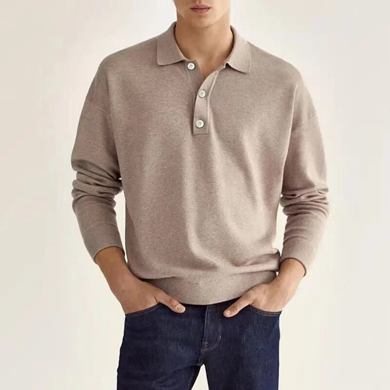 Men's minimalist long sleeve polo shirt with three-button placket, clean classic collar casual fit