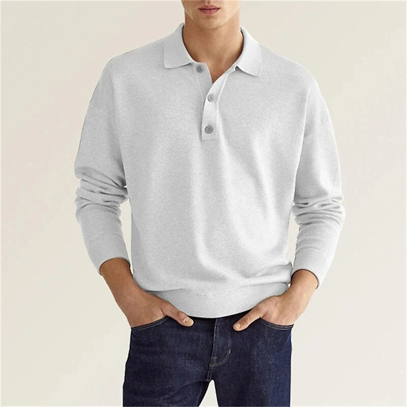 Men's minimalist long sleeve polo shirt with three-button placket in clean casual fit