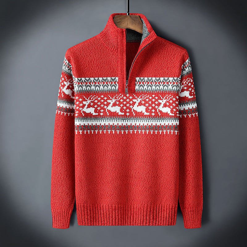 Men's Nordic wool blend half-zip knit sweater with reindeer pattern for cozy winter layering