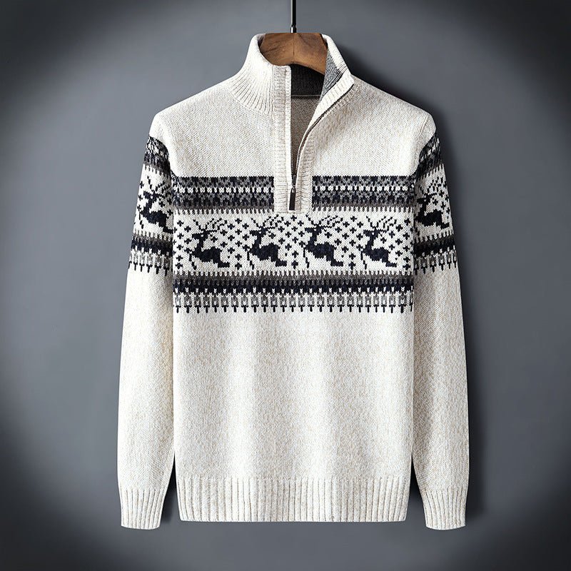 Men's Nordic wool blend half-zip knit sweater with reindeer pattern for cozy winter style