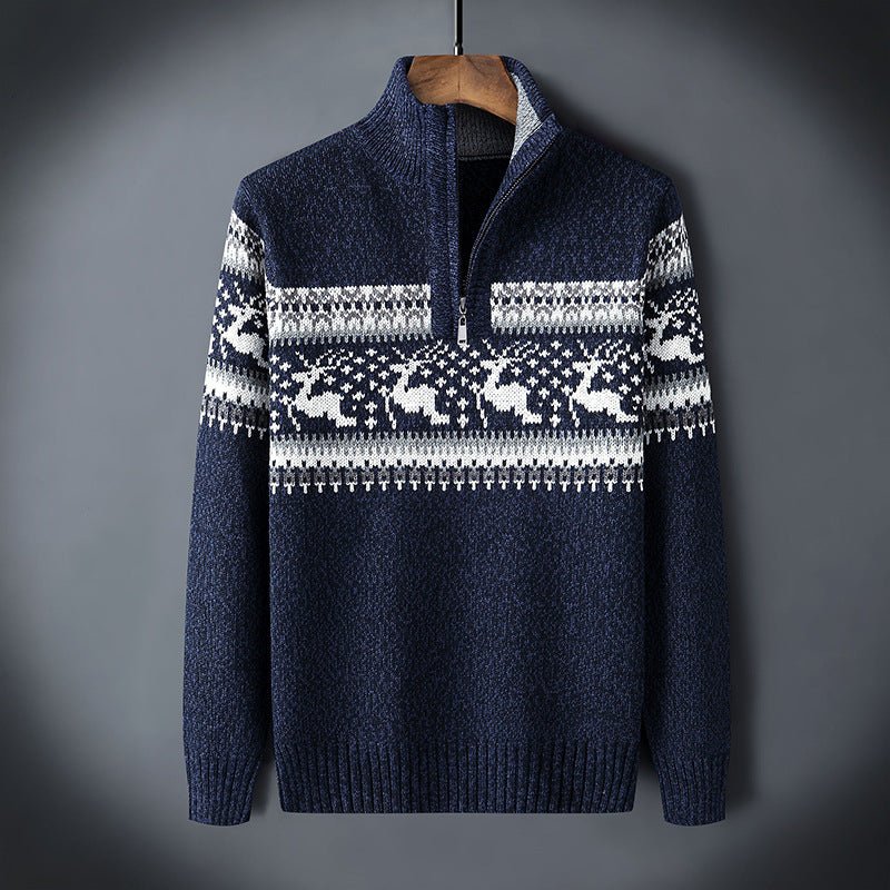 Men's cream wool-blend half-zip knit sweater with Nordic reindeer pattern for cozy winter style