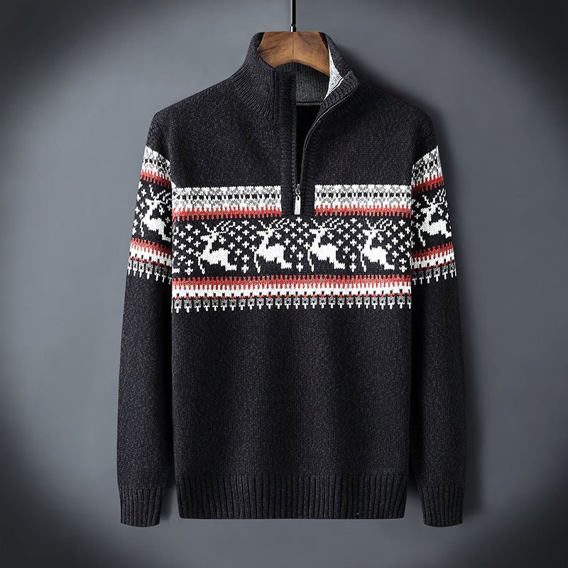 Men's cream wool-blend half-zip knit sweater with Nordic reindeer pattern for cozy winter style