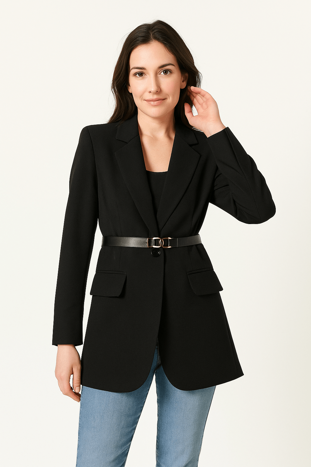 Women's tailored wool blend blazer notched lapel belted fit polished executive professional silhouette