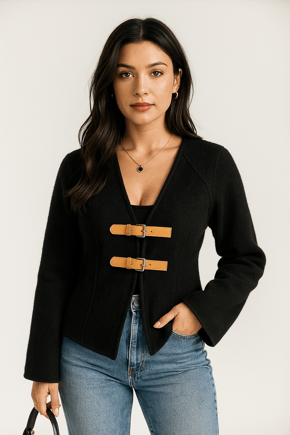 Women's tailored wool-like blazer with V-neck and buckle closure for a polished professional look