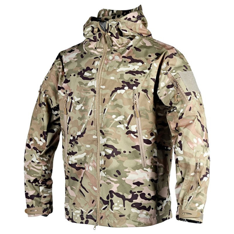 Women's weatherproof hooded outdoor jacket with adjustable cuffs and zip pockets for hiking