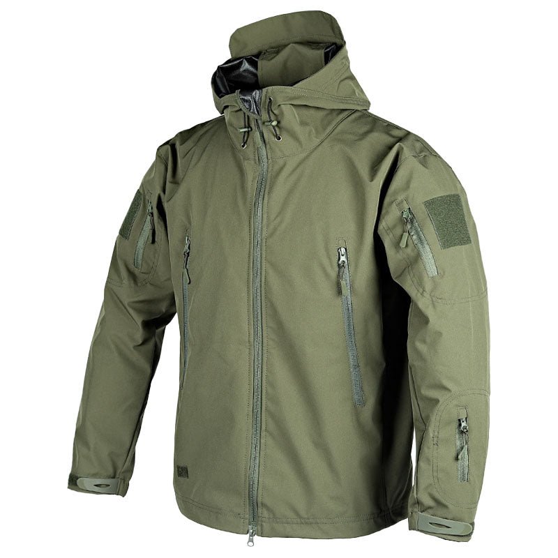 Women's weatherproof hooded outdoor jacket with adjustable cuffs and zip pockets for hiking