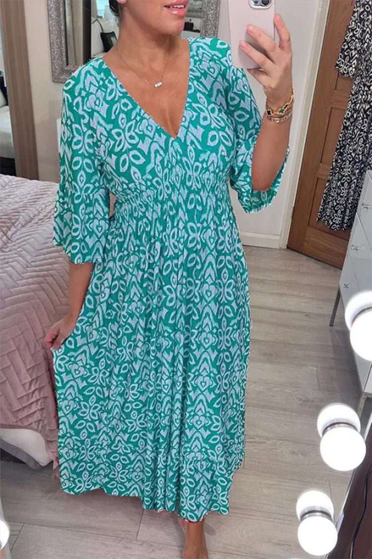 Women's loose fit maxi dress V-neck three quarter sleeves lightweight breathable cotton-blend everyday wear