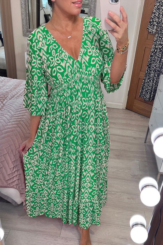 Women's loose fit maxi dress, V-neck, three-quarter sleeves, lightweight cotton-blend everyday casual style