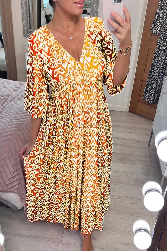 Women's loose fit maxi dress V-neck three-quarter sleeves lightweight cotton-blend everyday casual wear