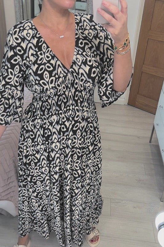 Women's loose fit maxi dress V-neck three quarter sleeves lightweight cotton-blend everyday casual wear