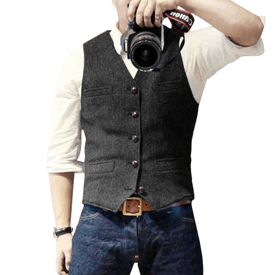Men's slim fit wool blend vest, V-neck button closure, front pockets, formal semi-formal style