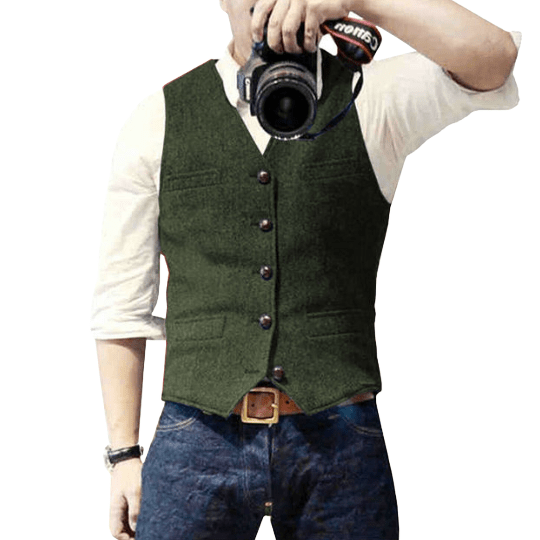 Men's slim fit wool blend vest, V-neck button closure, front pockets, formal semi-formal style