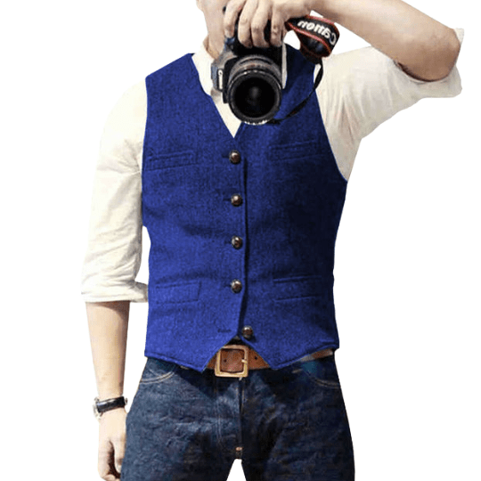 Men's slim fit wool blend vest, V-neck with button closure and front pockets, formal style