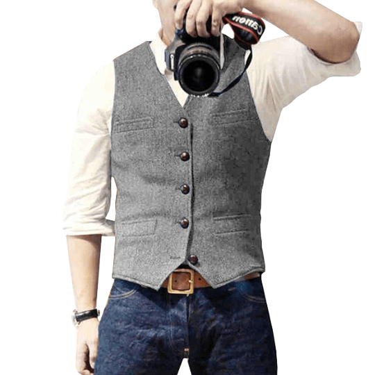 Men's slim fit wool blend vest, V-neck button closure with front pockets, formal semi-formal style