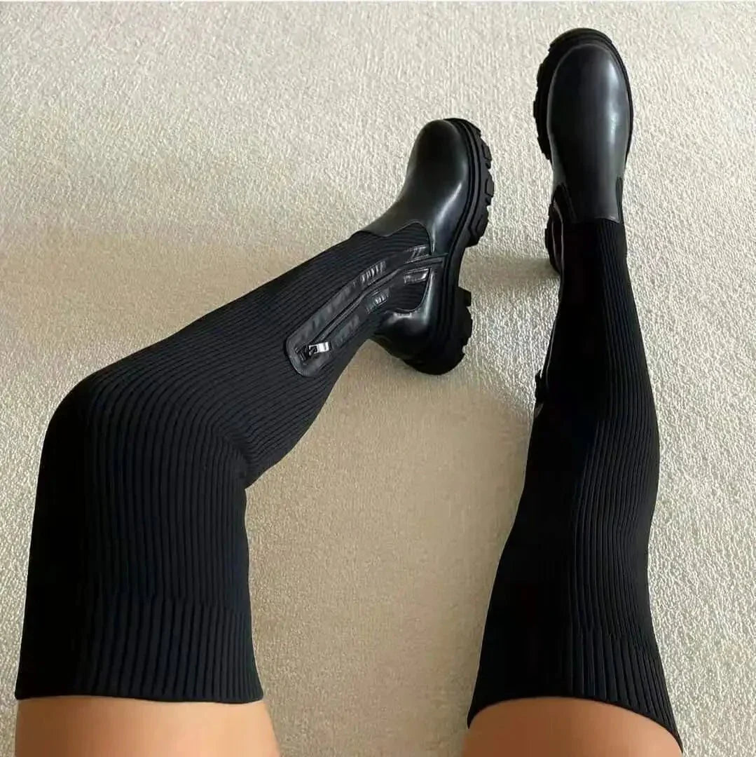 Riley women's black thigh-high sock boots stretchy knit upper with block heel sleek all-season style