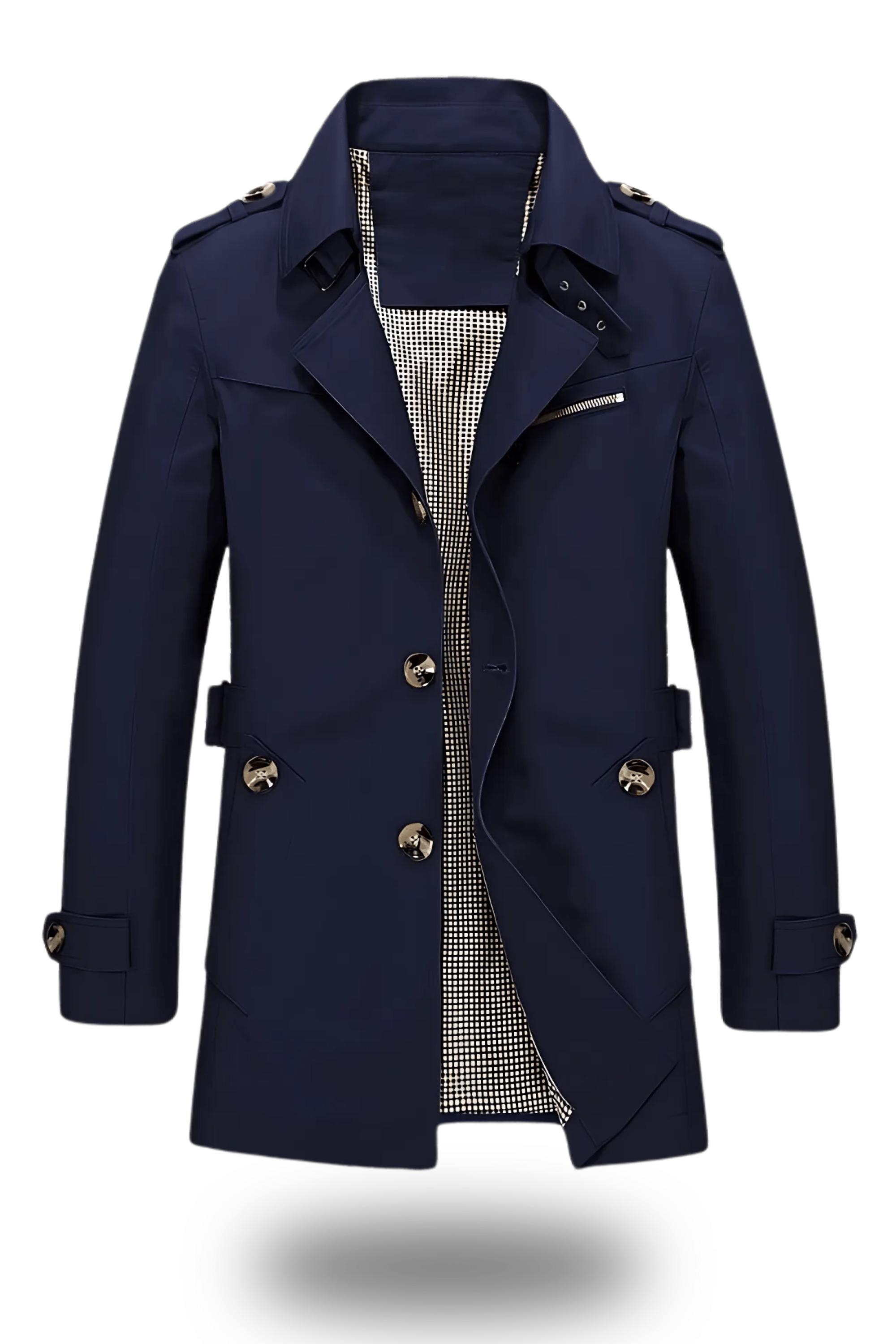 Men's double-breasted mid-length winter trench coat with wide lapels and adjustable sleeves