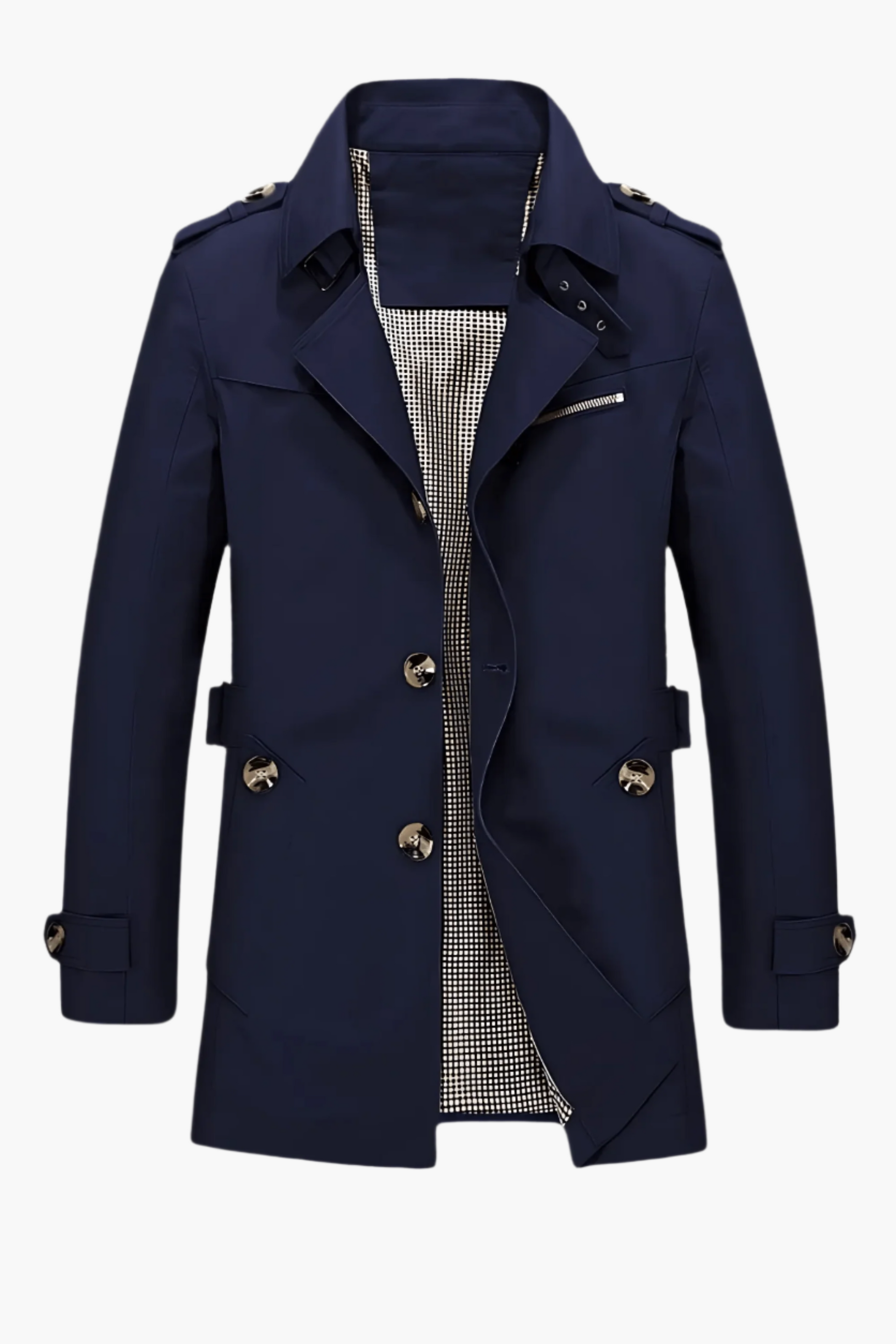 Men's classic modern beige trench coat with elegant silhouette, versatile for business and leisure