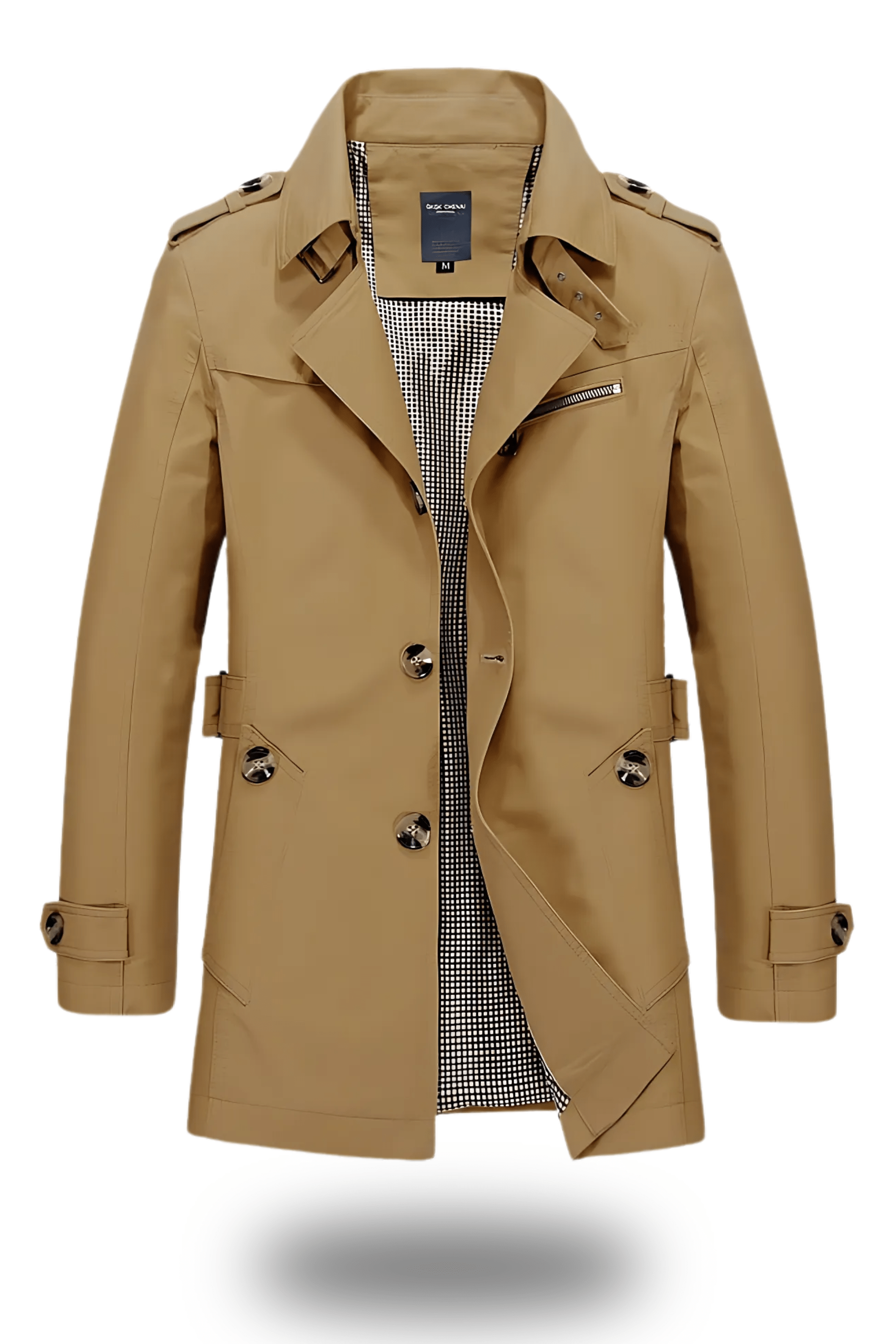 Men's double-breasted mid-length winter trench coat with wide lapels and adjustable sleeves