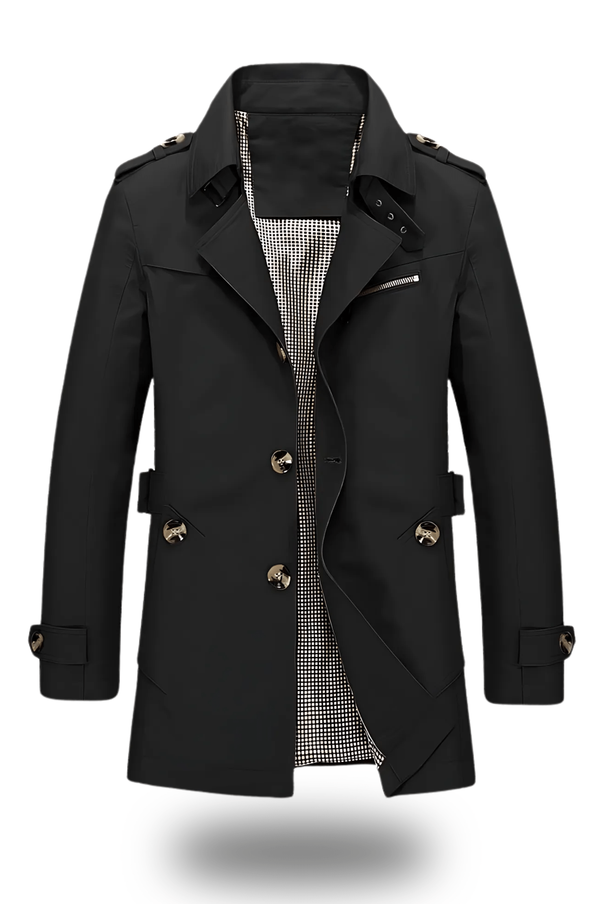 Men's double-breasted mid-length winter trench coat with wide lapels and adjustable sleeves