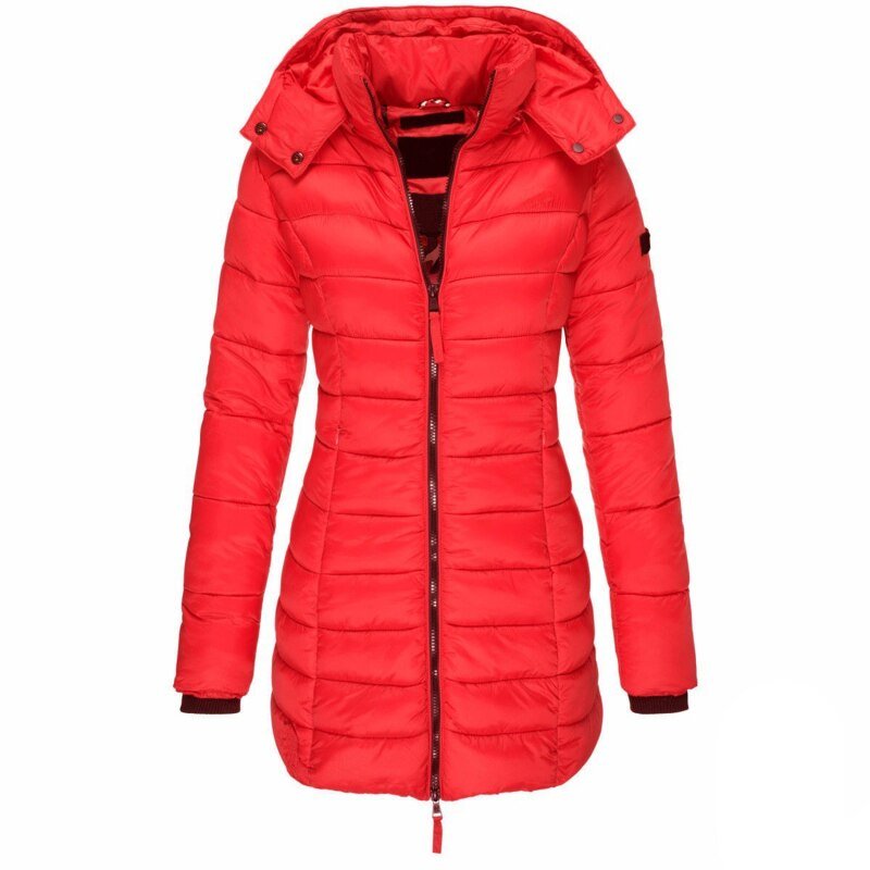 Women's padded winter jacket detachable hood tailored fit mid-length silhouette cold weather