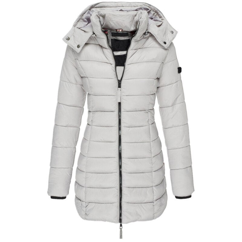 Women's padded mid-length winter jacket tailored fit with detachable hood for cold weather