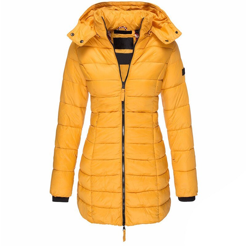Women's padded mid-length winter jacket tailored fit detachable hood cold weather outerwear