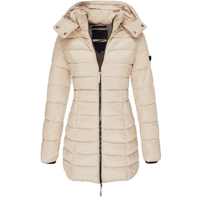 Women's padded mid-length winter jacket tailored fit detachable hood cold weather outerwear