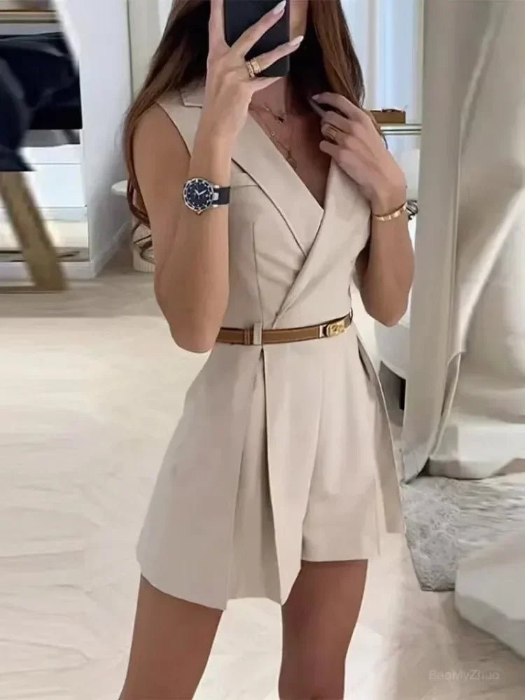 Women's sleeveless V-neck belted playsuit tailored pleated shorts cotton linen breathable