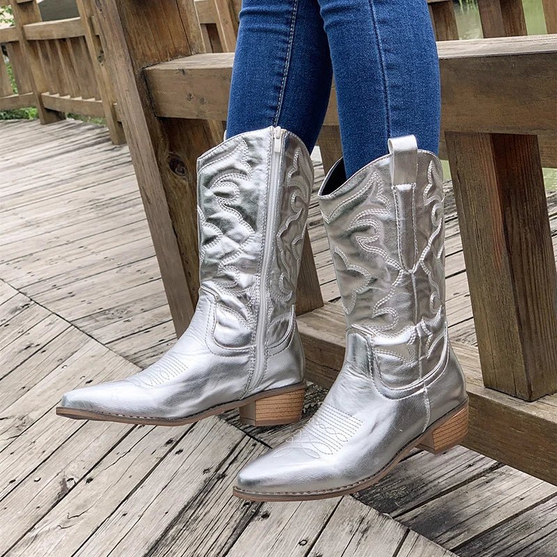 Women's brown vegan leather mid-calf western cowboy boots with intricate embroidery detailing
