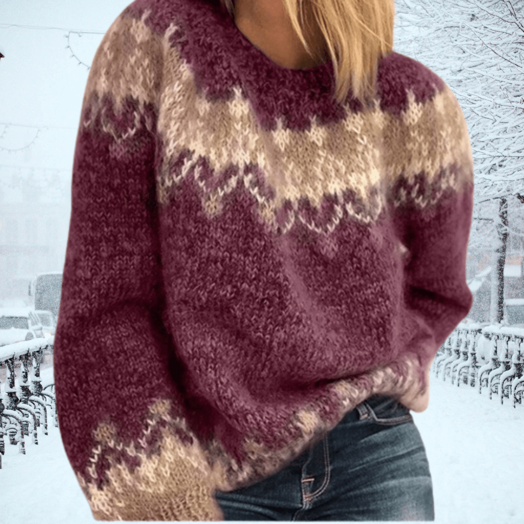 Women's oversized wool blend knit sweater with Nordic pattern, round neck, cozy warm style